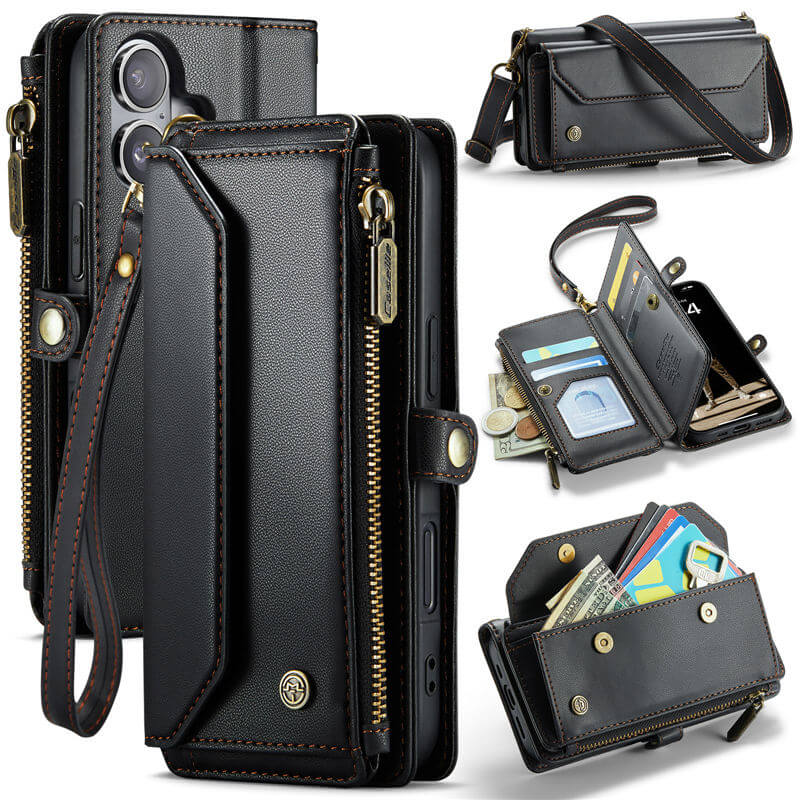 CaseMe iPhone 17 RFID Wallet Crossbody Case with Wireless Charging Black