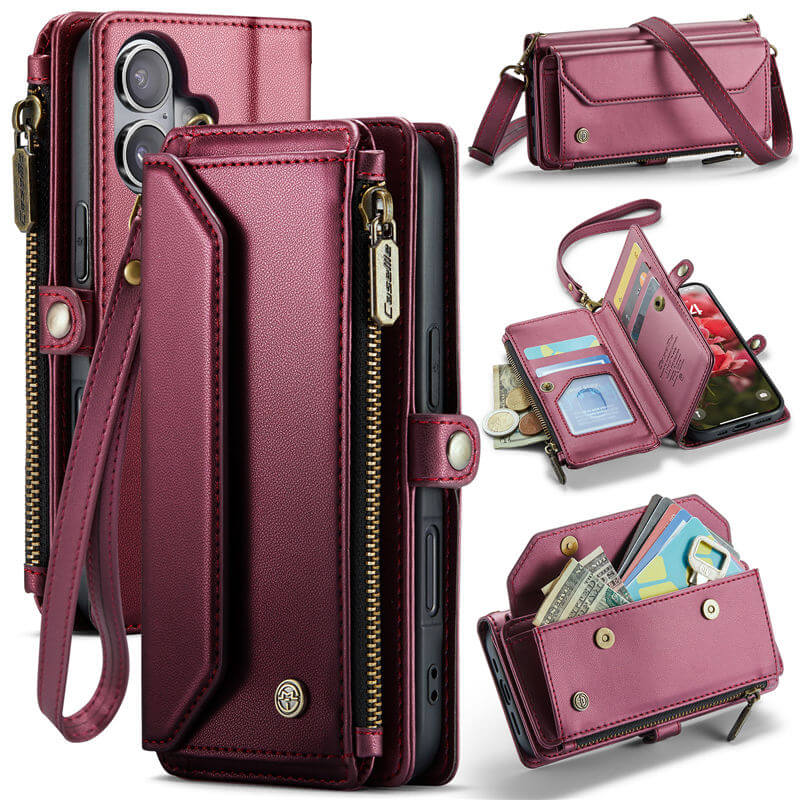 CaseMe iPhone 17 RFID Wallet Crossbody Case with Wireless Charging Red