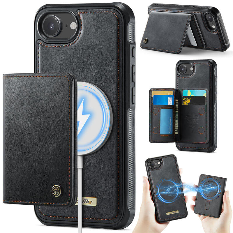 CaseMe iPhone 16e 2-in-1 Magnetic Wallet Case with RFID Blocking & MagSafe Compatible - Black