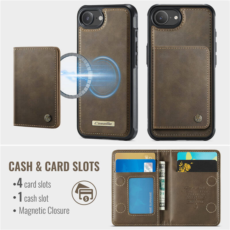 CaseMe iPhone 16e 2-in-1 Magnetic Wallet Case with RFID Blocking