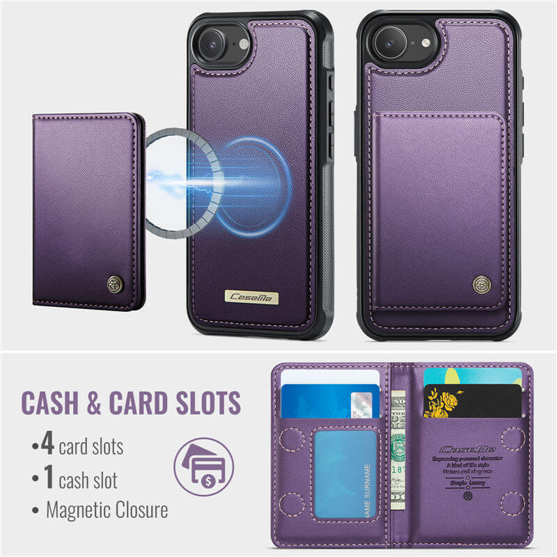 CaseMe iPhone 16e 2-in-1 Magnetic Wallet Case with RFID Blocking