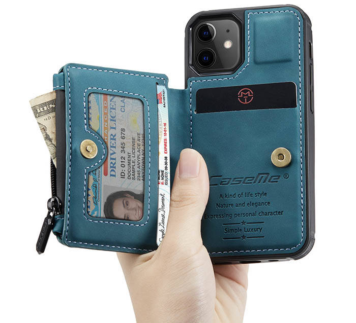 CaseMe iPhone 12 Zipper Pocket Wallet PU Leather Coated TPU Cover