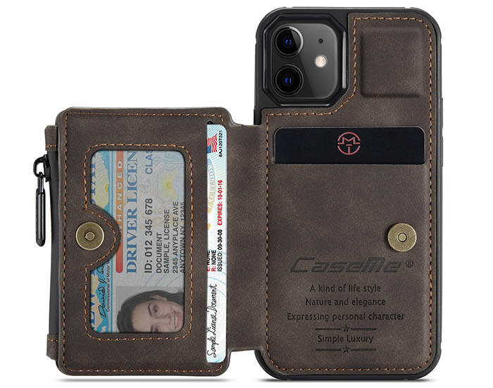 CaseMe iPhone 12 Zipper Pocket Wallet PU Leather Coated TPU Cover