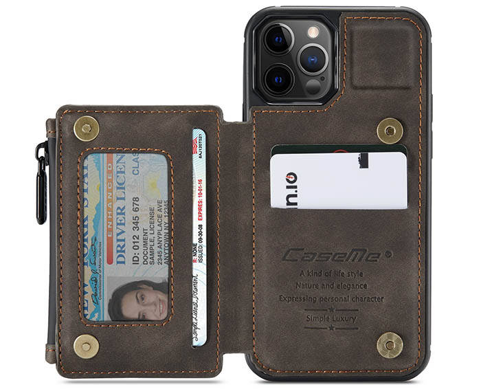 CaseMe iPhone 12 Pro Zipper Pocket Wallet PU Leather Coated TPU Cover