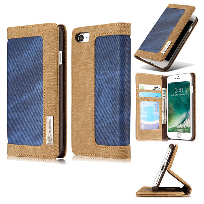 CaseMe iPhone 7 Jeans Leather Stand Wallet Case Blue