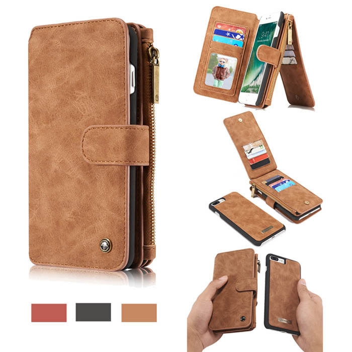 CaseMe iPhone 8 Plus Zipper Wallet Detachable Flip Case Brown