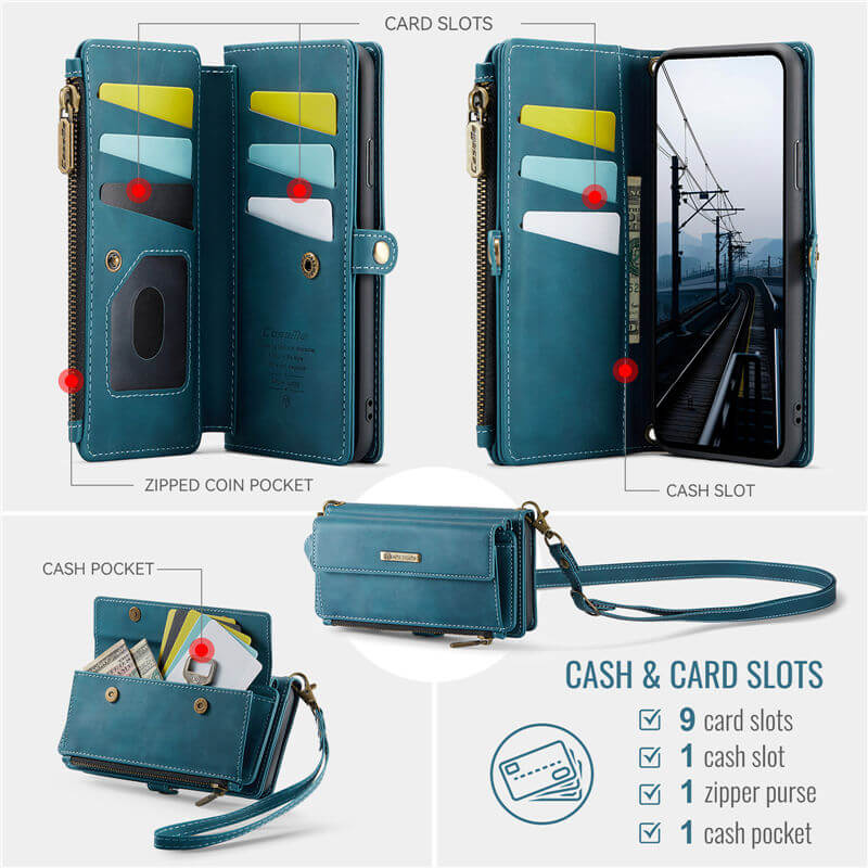 CaseMe iPhone 7 Plus/8 Plus Wallet Case – RFID Blocking, 9 Card Slots, Crossbody Strap