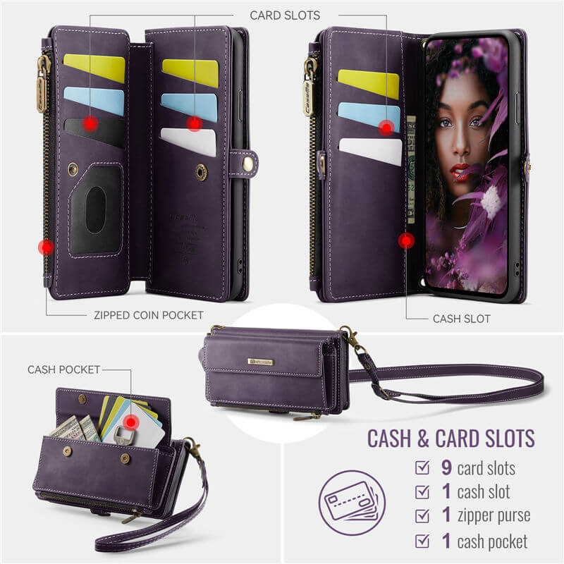 CaseMe iPhone 7 Plus/8 Plus Wallet Case – RFID Blocking, 9 Card Slots, Crossbody Strap