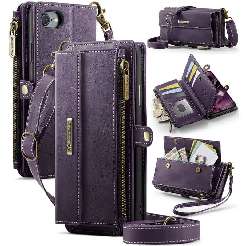 CaseMe iPhone 7/8/SE 2020/SE 2022 Wallet Case – RFID Blocking Crossbody Bag with 9 Card Slots Purple