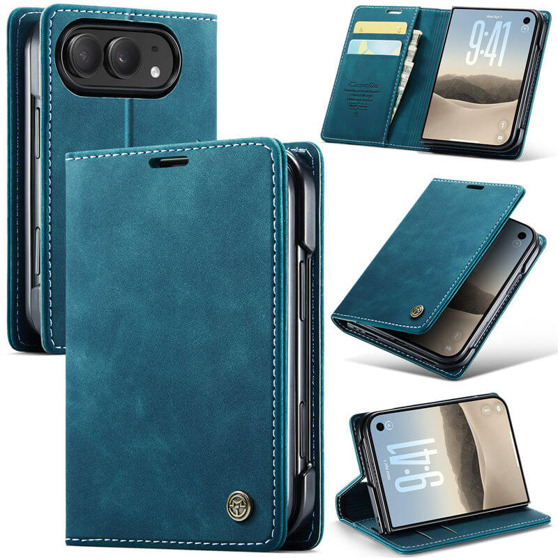 CaseMe iPhone Duo Suede Leather Wallet Case with 2 Card Slots, Magnetic Closure & Kickstand Blue
