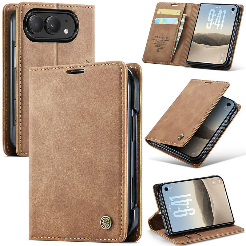 CaseMe iPhone Duo Suede Leather Wallet Case with 2 Card Slots, Magnetic Closure & Kickstand Brown