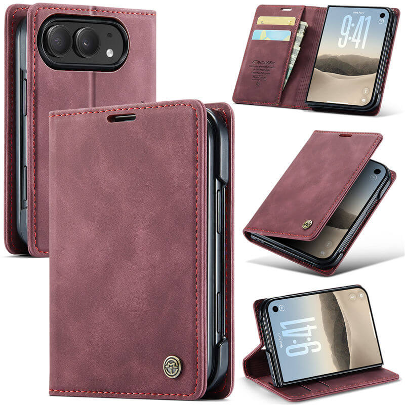 CaseMe iPhone Duo Suede Leather Wallet Case with 2 Card Slots, Magnetic Closure & Kickstand Red