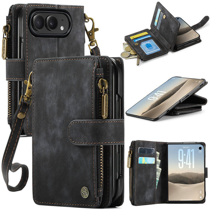 CaseMe iPhone Duo Wallet Case with 6 Card Slots, Zipper Pocket, Wireless Charging & Wrist Strap Black