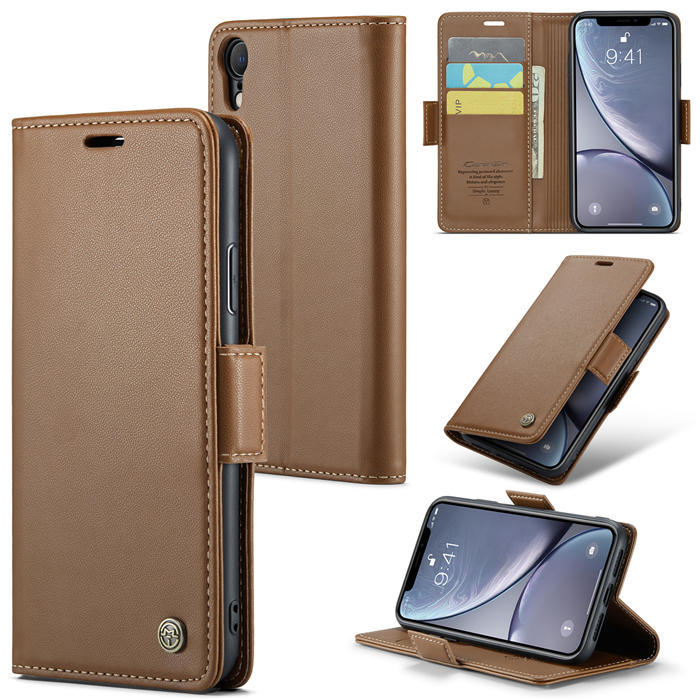 CaseMe iPhone XR Wallet RFID Blocking Magnetic Buckle Case Brown