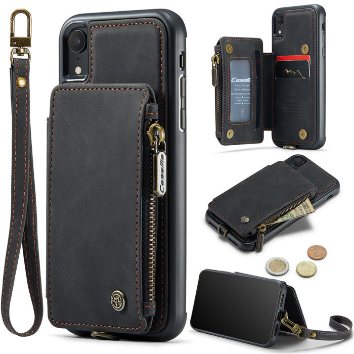 CaseMe iPhone XR Wallet RFID Blocking Case with Wrist Strap Black