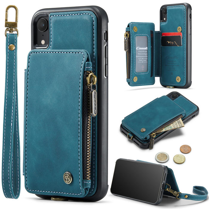 CaseMe iPhone XR Wallet RFID Blocking Case with Wrist Strap Blue