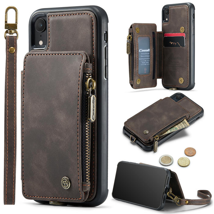CaseMe iPhone XR Wallet RFID Blocking Case with Wrist Strap Coffee