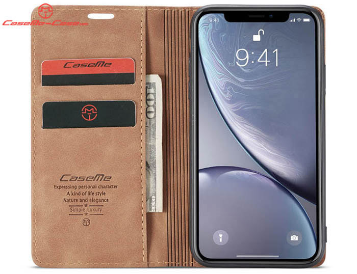 CaseMe iPhone XR Retro Wallet Kickstand Magnetic Flip Leather Case