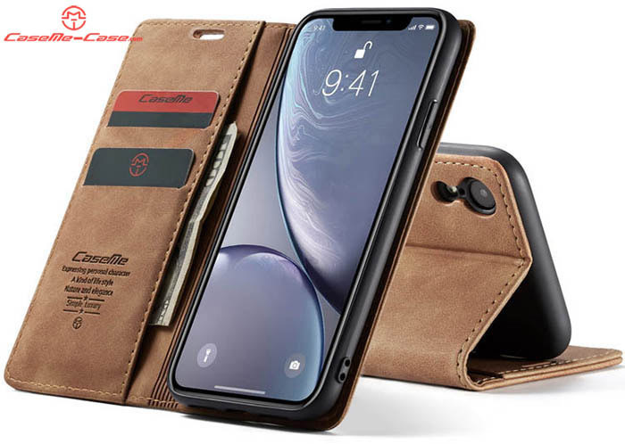 CaseMe iPhone XR Retro Wallet Kickstand Magnetic Flip Leather Case