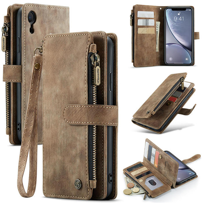 CaseMe iPhone XR Zipper Wallet Kickstand Case Coffee