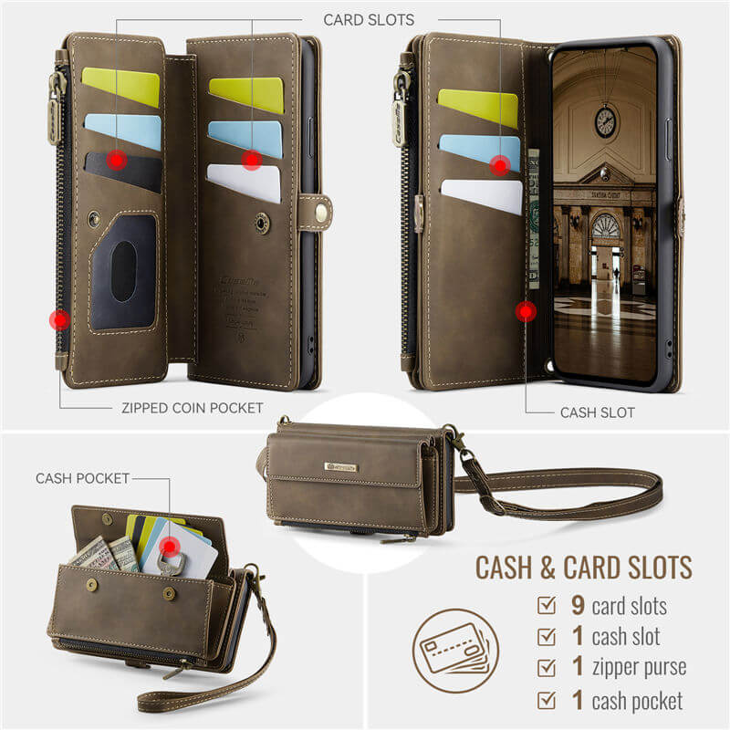CaseMe iPhone XR Wallet Case – RFID Blocking, 9 Card Slots, Crossbody Strap & Wireless Charging
