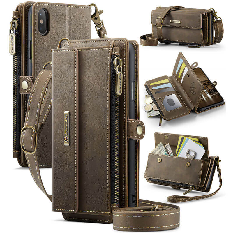 CaseMe iPhone X/XS Wallet Case – RFID Blocking Crossbody Bag with 9 Card Slots & Wireless Charging Coffee