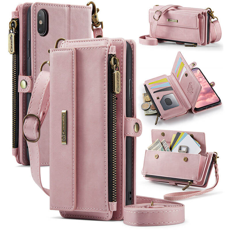 CaseMe iPhone X/XS Wallet Case – RFID Blocking Crossbody Bag with 9 Card Slots & Wireless Charging Pink